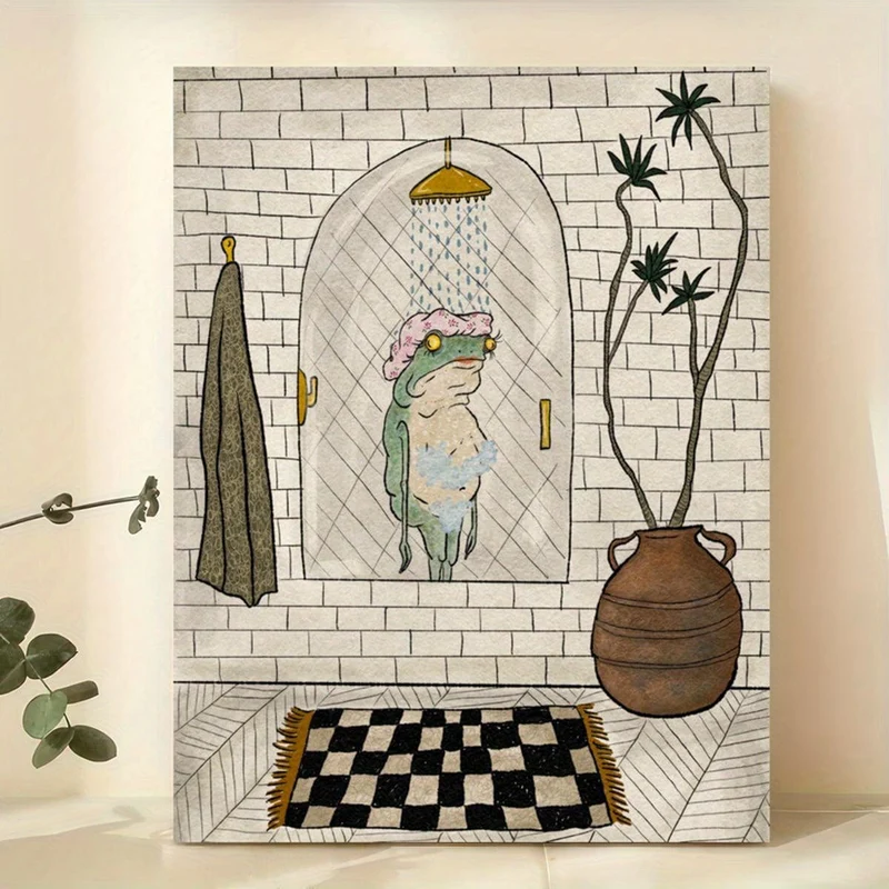 1 Stück Leinwand-Poster, Badezimmer-Leinwand-Poster, Retro-Kunst, Badefrosch-Poster, Wandkunst für Wohnzimmer, Wanddekoration für Schlafzimmer, Heimdekoration, ungerahmt