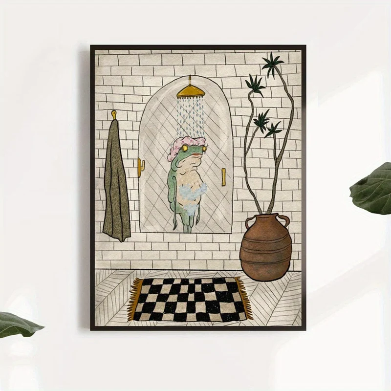 1 Stück Leinwand-Poster, Badezimmer-Leinwand-Poster, Retro-Kunst, Badefrosch-Poster, Wandkunst für Wohnzimmer, Wanddekoration für Schlafzimmer, Heimdekoration, ungerahmt