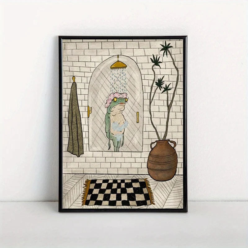 1 Stück Leinwand-Poster, Badezimmer-Leinwand-Poster, Retro-Kunst, Badefrosch-Poster, Wandkunst für Wohnzimmer, Wanddekoration für Schlafzimmer, Heimdekoration, ungerahmt