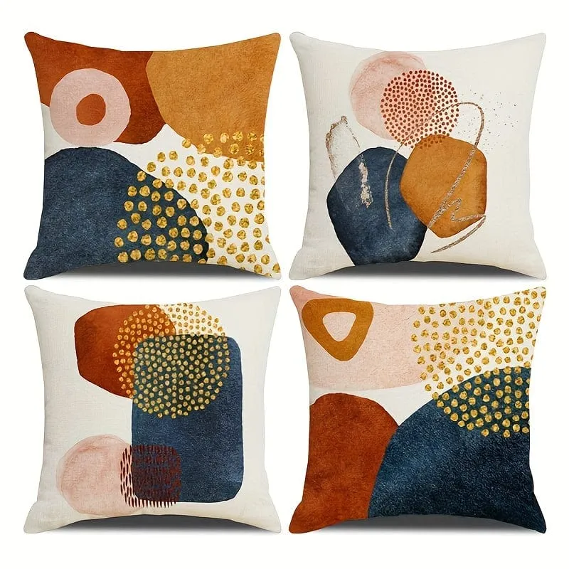 4 Stück moderner geometrischer abstrakter Bezug, Verschlüsselung, Leinen, mittelalterlich, Minimalismus, Kunst, Ästhetik, Marineblau, Orange, Überwurf-Kissenbezug, Sofa, Sofa, Schlafzimmer, Partyzubehör, einseitiger Druck, ohne Kisseneinsatz