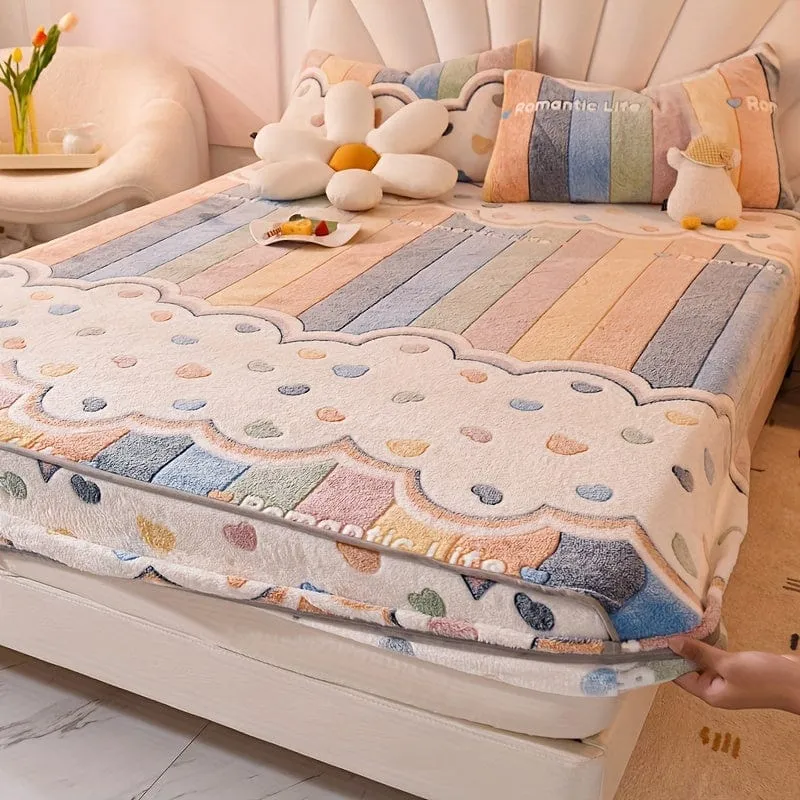 1 Stück dickes Samt-Spannbetttuch, Liebes-Regenbogen-Streifendruck, weich, bequem, warm, Herbst- und Winterbettwäsche, Matratzenschoner, für Schlafzimmer, Gästezimmer, Wohnheim, Wohnung, mit tiefer Tasche, nur Spannbettlaken