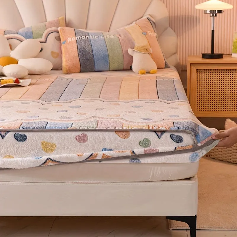 1 Stück dickes Samt-Spannbetttuch, Liebes-Regenbogen-Streifendruck, weich, bequem, warm, Herbst- und Winterbettwäsche, Matratzenschoner, für Schlafzimmer, Gästezimmer, Wohnheim, Wohnung, mit tiefer Tasche, nur Spannbettlaken