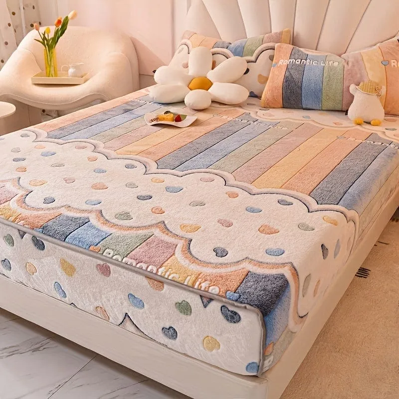 1 Stück dickes Samt-Spannbetttuch, Liebes-Regenbogen-Streifendruck, weich, bequem, warm, Herbst- und Winterbettwäsche, Matratzenschoner, für Schlafzimmer, Gästezimmer, Wohnheim, Wohnung, mit tiefer Tasche, nur Spannbettlaken
