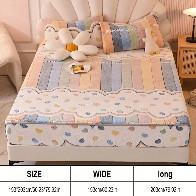 1 Stück dickes Samt-Spannbetttuch, Liebes-Regenbogen-Streifendruck, weich, bequem, warm, Herbst- und Winterbettwäsche, Matratzenschoner, für Schlafzimmer, Gästezimmer, Wohnheim, Wohnung, mit tiefer Tasche, nur Spannbettlaken