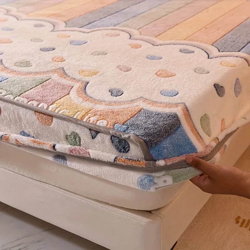 1 Stück dickes Samt-Spannbetttuch, Liebes-Regenbogen-Streifendruck, weich, bequem, warm, Herbst- und Winterbettwäsche, Matratzenschoner, für Schlafzimmer, Gästezimmer, Wohnheim, Wohnung, mit tiefer Tasche, nur Spannbettlaken