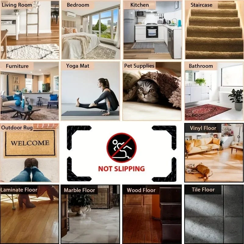 4 Stück hochwertige Anti-Rutsch- und Anti-Bohr-Teppichaufkleber eignen sich für Wohnzimmer, Esszimmer, Badezimmerteppiche, Keramikfliesen und Holzbodenbereiche, um Teppichbewegungen und -rollen zu verhindern. Neuheitsartikel! !!!