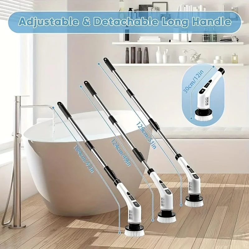 Kabelloser elektrischer Schleuderschrubber mit 7 wiederaufladbaren Bürstenköpfen, langem Griff für Badezimmer, Küche, Badewanne, Fliesen, Dusche, Auto, Reinigungsmittel