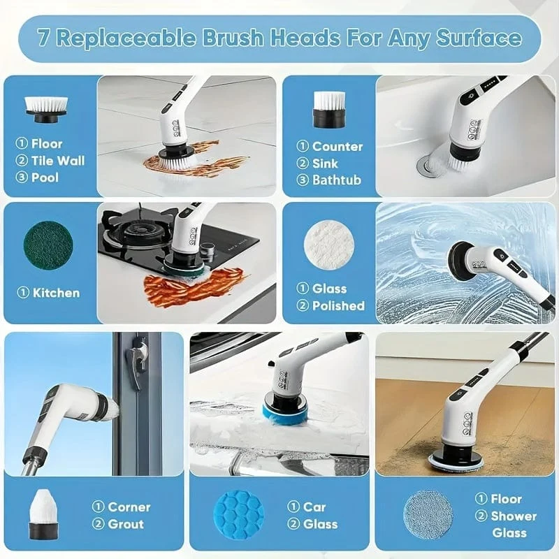 Kabelloser elektrischer Schleuderschrubber mit 7 wiederaufladbaren Bürstenköpfen, langem Griff für Badezimmer, Küche, Badewanne, Fliesen, Dusche, Auto, Reinigungsmittel