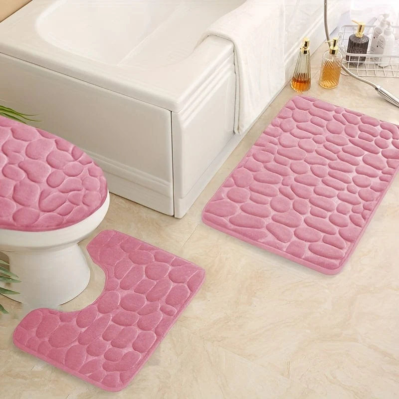 3-teiliges Set mit Badezimmerteppichen aus Memory-Schaumstoff, ultraweicher, rutschfester Badvorleger und saugfähiger Bademattenteppich mit Kopfsteinpflaster-Prägung, inklusive U-förmigem Konturteppich, perfekt für Badezimmer/Dusche, Badezimmerzubehör