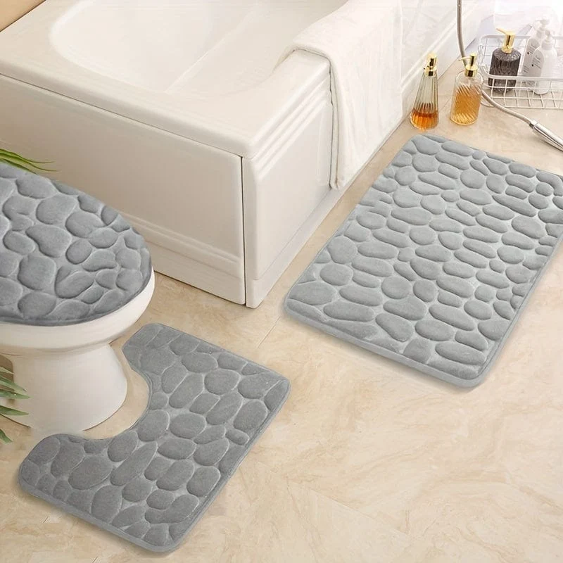 3-teiliges Set mit Badezimmerteppichen aus Memory-Schaumstoff, ultraweicher, rutschfester Badvorleger und saugfähiger Bademattenteppich mit Kopfsteinpflaster-Prägung, inklusive U-förmigem Konturteppich, perfekt für Badezimmer/Dusche, Badezimmerzubehör