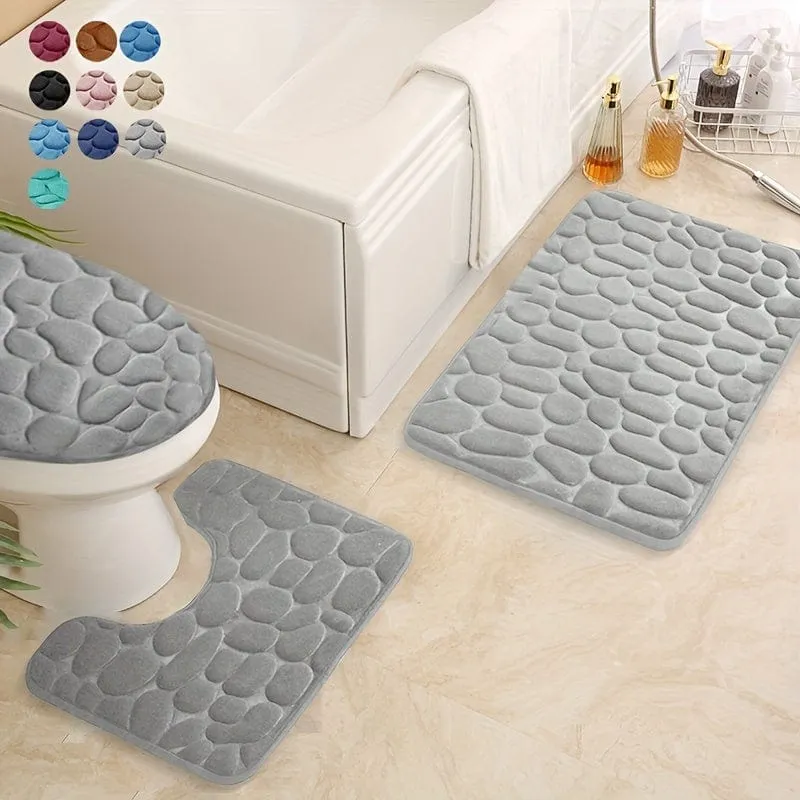 3-teiliges Set mit Badezimmerteppichen aus Memory-Schaumstoff, ultraweicher, rutschfester Badvorleger und saugfähiger Bademattenteppich mit Kopfsteinpflaster-Prägung, inklusive U-förmigem Konturteppich, perfekt für Badezimmer/Dusche, Badezimmerzubehör