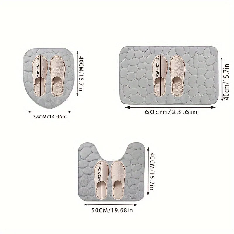 3-teiliges Set mit Badezimmerteppichen aus Memory-Schaumstoff, ultraweicher, rutschfester Badvorleger und saugfähiger Bademattenteppich mit Kopfsteinpflaster-Prägung, inklusive U-förmigem Konturteppich, perfekt für Badezimmer/Dusche, Badezimmerzubehör