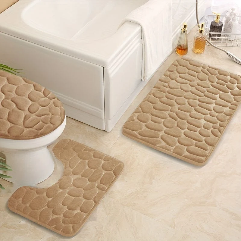 3-teiliges Set mit Badezimmerteppichen aus Memory-Schaumstoff, ultraweicher, rutschfester Badvorleger und saugfähiger Bademattenteppich mit Kopfsteinpflaster-Prägung, inklusive U-förmigem Konturteppich, perfekt für Badezimmer/Dusche, Badezimmerzubehör