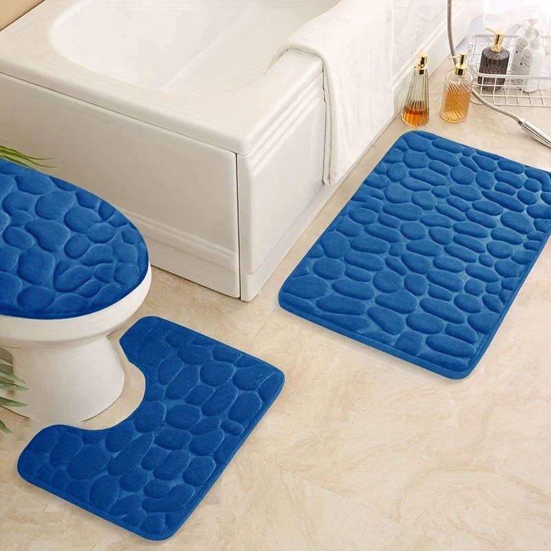 3-teiliges Set mit Badezimmerteppichen aus Memory-Schaumstoff, ultraweicher, rutschfester Badvorleger und saugfähiger Bademattenteppich mit Kopfsteinpflaster-Prägung, inklusive U-förmigem Konturteppich, perfekt für Badezimmer/Dusche, Badezimmerzubehör
