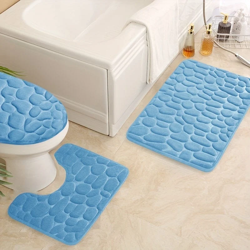 3-teiliges Set mit Badezimmerteppichen aus Memory-Schaumstoff, ultraweicher, rutschfester Badvorleger und saugfähiger Bademattenteppich mit Kopfsteinpflaster-Prägung, inklusive U-förmigem Konturteppich, perfekt für Badezimmer/Dusche, Badezimmerzubehör