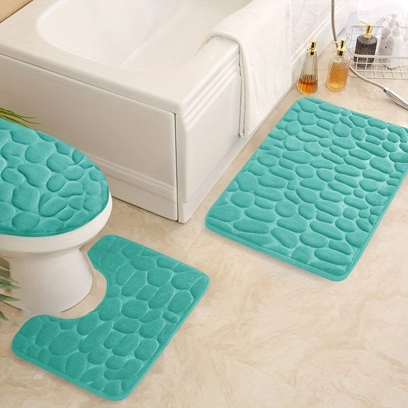 3-teiliges Set mit Badezimmerteppichen aus Memory-Schaumstoff, ultraweicher, rutschfester Badvorleger und saugfähiger Bademattenteppich mit Kopfsteinpflaster-Prägung, inklusive U-förmigem Konturteppich, perfekt für Badezimmer/Dusche, Badezimmerzubehör