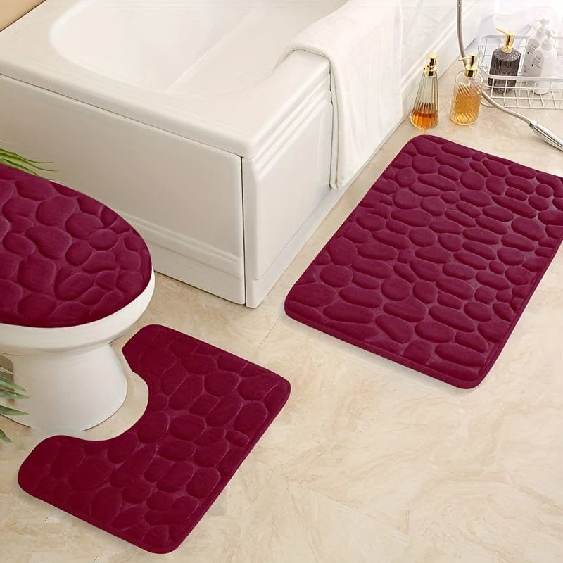 3-teiliges Set mit Badezimmerteppichen aus Memory-Schaumstoff, ultraweicher, rutschfester Badvorleger und saugfähiger Bademattenteppich mit Kopfsteinpflaster-Prägung, inklusive U-förmigem Konturteppich, perfekt für Badezimmer/Dusche, Badezimmerzubehör