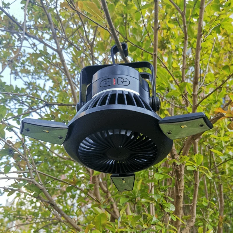 1 Stück wiederaufladbarer Solar-Campingventilator mit LED-Laterne – tragbarer Zeltventilator mit Aufhängehaken für Zuhause, Büro, Zelt und Auto – 4000-mAh-Akku für Notfälle