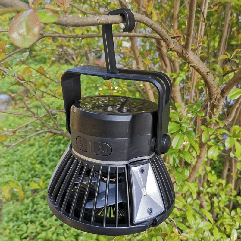 1 Stück wiederaufladbarer Solar-Campingventilator mit LED-Laterne – tragbarer Zeltventilator mit Aufhängehaken für Zuhause, Büro, Zelt und Auto – 4000-mAh-Akku für Notfälle