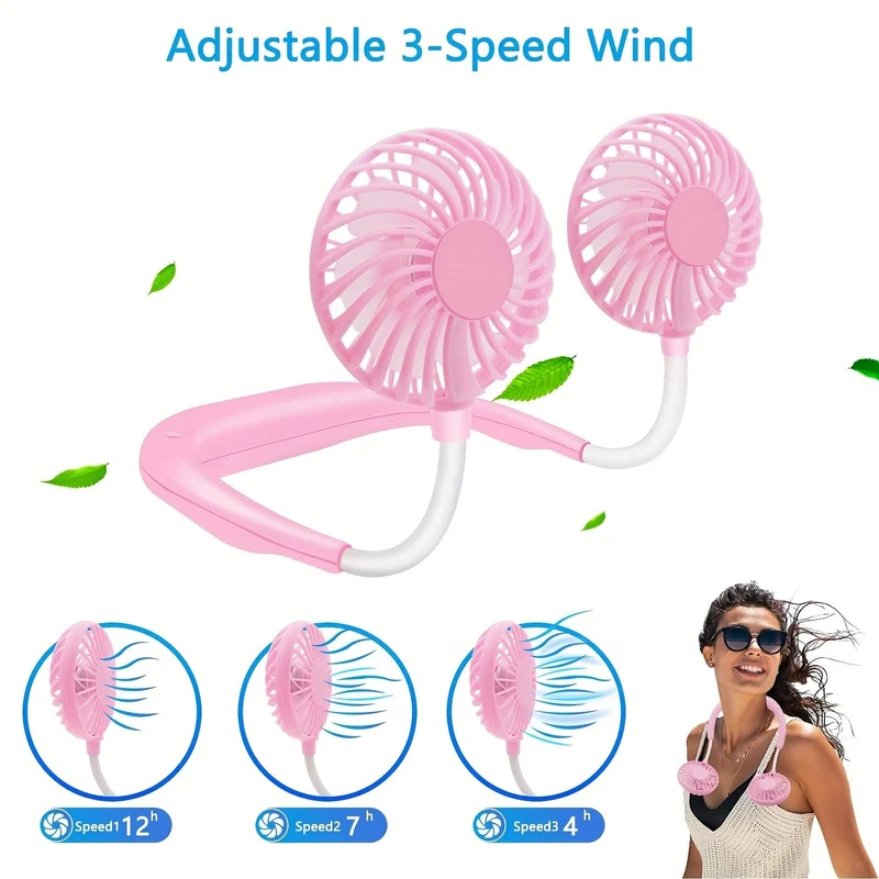 1-teiliger tragbarer USB-Halsventilator, wiederaufladbar – freihändiger Ventilator für den persönlichen Gebrauch mit um 360° verstellbaren 3-Geschwindigkeitseinstellungen für Reisen, Büro, Zuhause und den Außenbereich