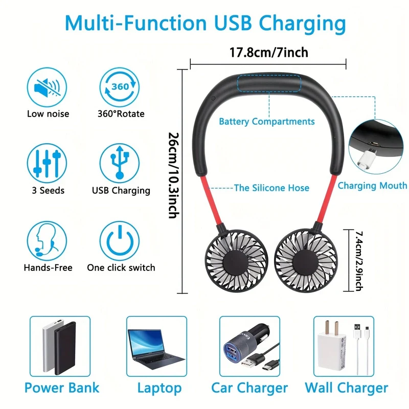 1-teiliger tragbarer USB-Halsventilator, wiederaufladbar – freihändiger Ventilator für den persönlichen Gebrauch mit um 360° verstellbaren 3-Geschwindigkeitseinstellungen für Reisen, Büro, Zuhause und den Außenbereich