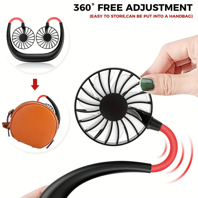 1-teiliger tragbarer USB-Halsventilator, wiederaufladbar – freihändiger Ventilator für den persönlichen Gebrauch mit um 360° verstellbaren 3-Geschwindigkeitseinstellungen für Reisen, Büro, Zuhause und den Außenbereich