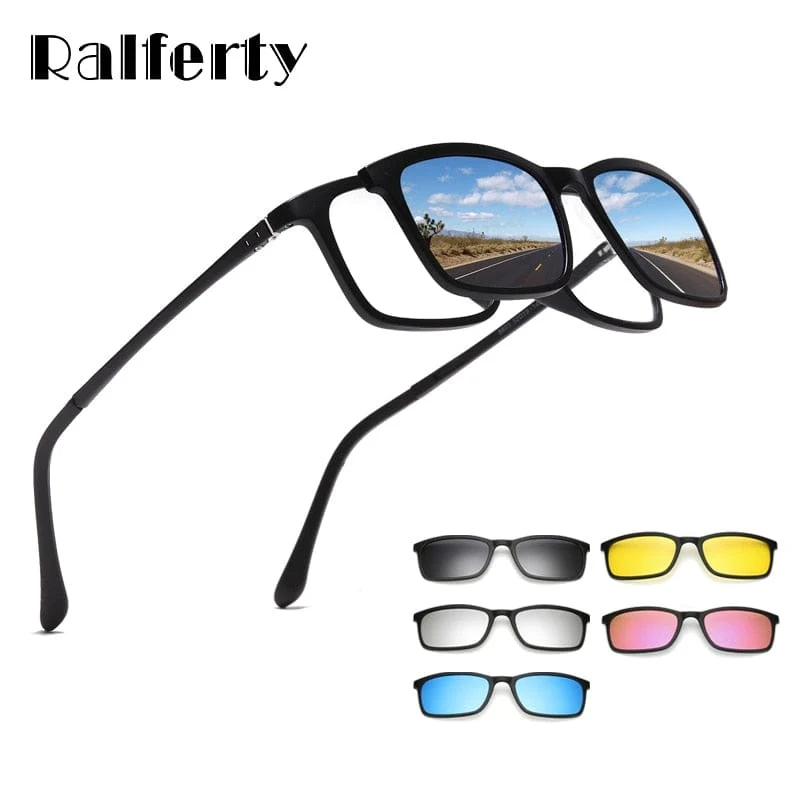Ralferty Polarisierte Sonnenbrille Männer Frauen 5 in 1 magnetischer Clip auf Brille TR90 optische Brillenfassungen Magnetclips