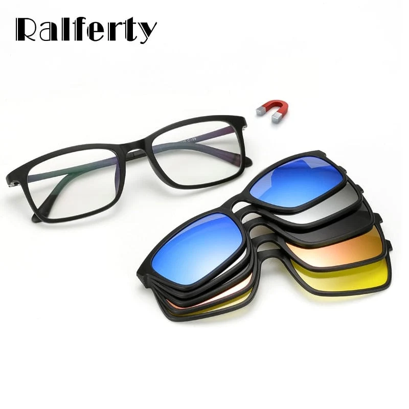 Ralferty Polarisierte Sonnenbrille Männer Frauen 5 in 1 magnetischer Clip auf Brille TR90 optische Brillenfassungen Magnetclips