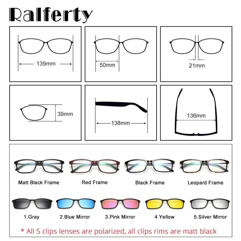 Ralferty Polarisierte Sonnenbrille Männer Frauen 5 in 1 magnetischer Clip auf Brille TR90 optische Brillenfassungen Magnetclips