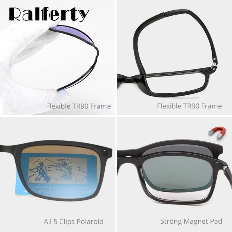 Ralferty Polarisierte Sonnenbrille Männer Frauen 5 in 1 magnetischer Clip auf Brille TR90 optische Brillenfassungen Magnetclips