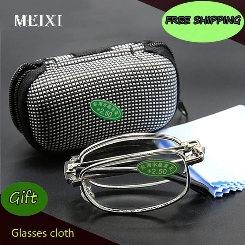 Heiße faltbare klare Männer Frauen Lesebrille Grid Case mit Gürtelclip Alterssichtigkeit +1.0 + 1.5 + 2.0 + 2.5 + 3.0 + 3.5 + 4.0