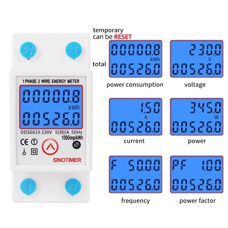 DIN-Schiene, digital, einphasig, Null-Energiezähler, kWh-Spannung, Strom, Stromverbrauch, Wattmeter, Strom 220 V AC