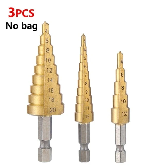 3-12 mm 4-12 mm 4-20 mm HSS-Stufenbohrer-Set mit gerader Nut, titanbeschichtetes Holz-Metall-Lochschneider-Kernbohrer-Set