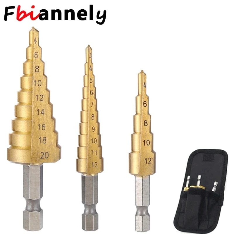 3-12 mm 4-12 mm 4-20 mm HSS-Stufenbohrer-Set mit gerader Nut, titanbeschichtetes Holz-Metall-Lochschneider-Kernbohrer-Set