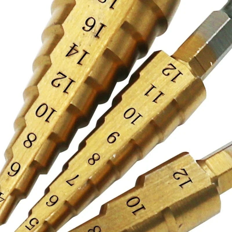 3-12 mm 4-12 mm 4-20 mm HSS-Stufenbohrer-Set mit gerader Nut, titanbeschichtetes Holz-Metall-Lochschneider-Kernbohrer-Set