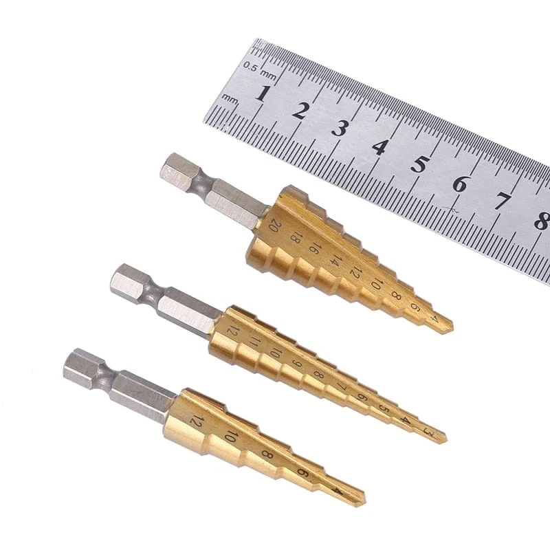 3-12 mm 4-12 mm 4-20 mm HSS-Stufenbohrer-Set mit gerader Nut, titanbeschichtetes Holz-Metall-Lochschneider-Kernbohrer-Set