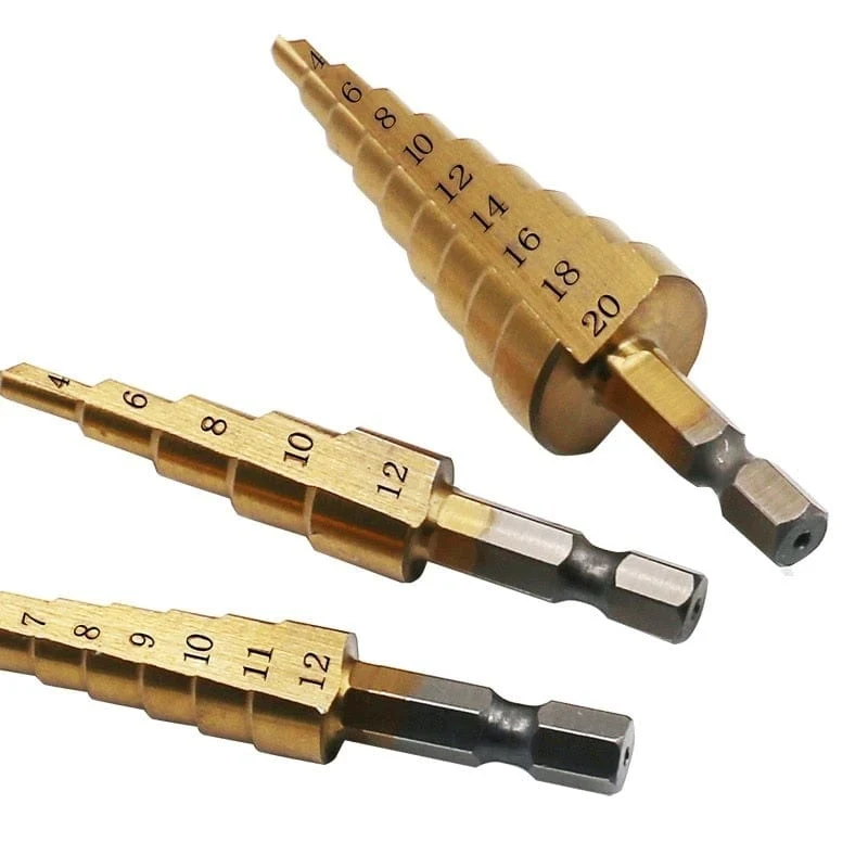 3-12 mm 4-12 mm 4-20 mm HSS-Stufenbohrer-Set mit gerader Nut, titanbeschichtetes Holz-Metall-Lochschneider-Kernbohrer-Set