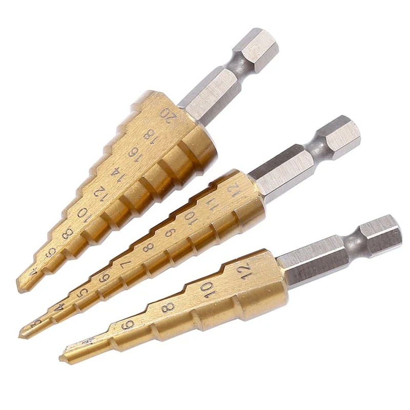 3-12 mm 4-12 mm 4-20 mm HSS-Stufenbohrer-Set mit gerader Nut, titanbeschichtetes Holz-Metall-Lochschneider-Kernbohrer-Set
