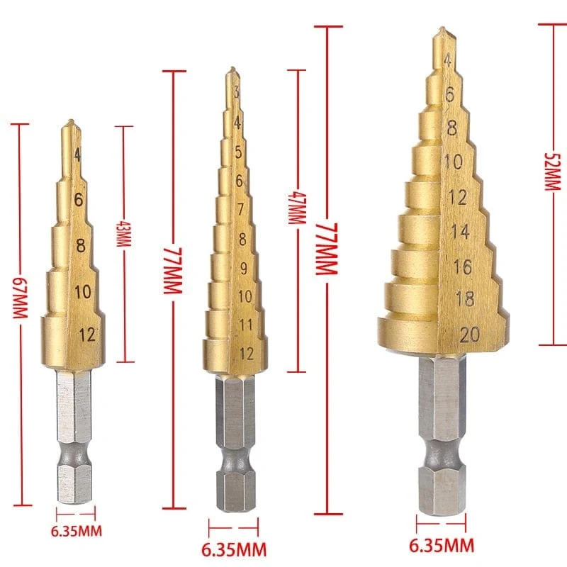 3-12 mm 4-12 mm 4-20 mm HSS-Stufenbohrer-Set mit gerader Nut, titanbeschichtetes Holz-Metall-Lochschneider-Kernbohrer-Set