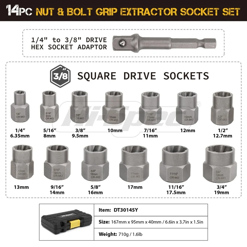 Hi-Spec 14-teiliger Schraubenausdreher für beschädigte Schrauben aus Cr-Mo-Stahl, Schraubenmuttern-Entferner, Autowerkzeugsatz, Handwerkzeugsatz, 6.35–19 m, in Werkzeugkiste