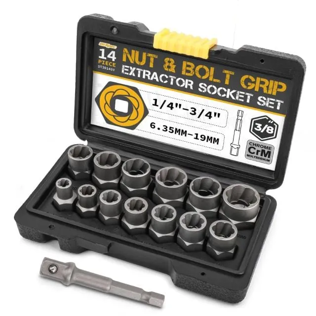 Hi-Spec 14-teiliger Schraubenausdreher für beschädigte Schrauben aus Cr-Mo-Stahl, Schraubenmuttern-Entferner, Autowerkzeugsatz, Handwerkzeugsatz, 6.35–19 m, in Werkzeugkiste