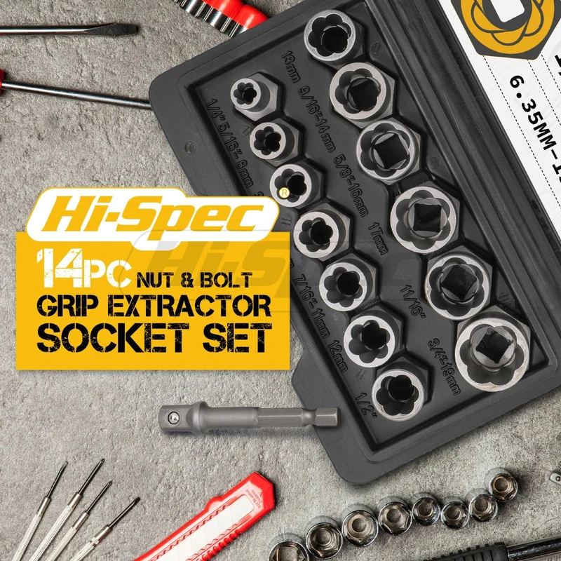 Hi-Spec 14-teiliger Schraubenausdreher für beschädigte Schrauben aus Cr-Mo-Stahl, Schraubenmuttern-Entferner, Autowerkzeugsatz, Handwerkzeugsatz, 6.35–19 m, in Werkzeugkiste