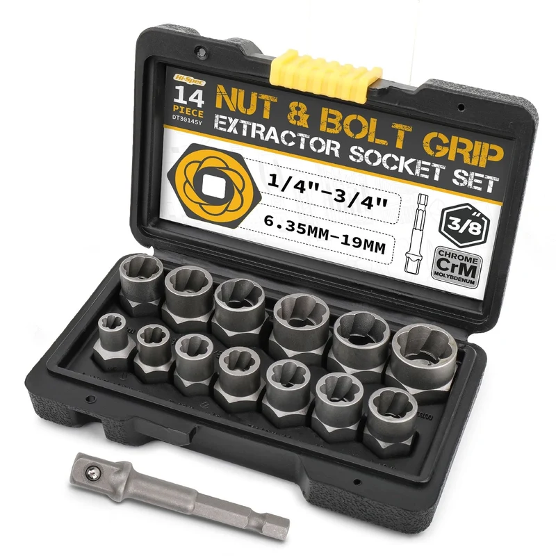 Hi-Spec 14-teiliger Schraubenausdreher für beschädigte Schrauben aus Cr-Mo-Stahl, Schraubenmuttern-Entferner, Autowerkzeugsatz, Handwerkzeugsatz, 6.35–19 m, in Werkzeugkiste
