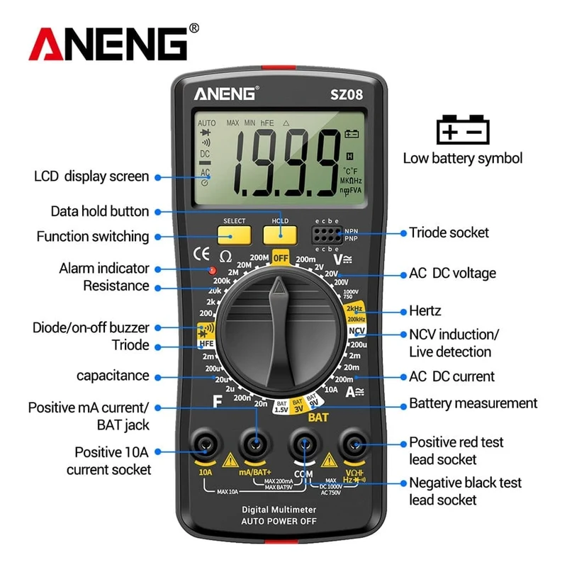 ANENG SZ08 Digital-Multimeter, ultradünn, professionelles Multimetro, Auto-Voltmeter, AC, DC, 220 V, Widerstands-Handtester
