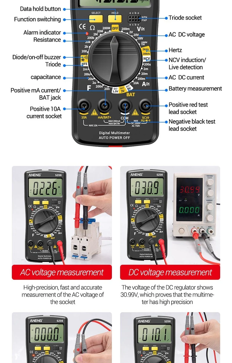 ANENG SZ08 Digital-Multimeter, ultradünn, professionelles Multimetro, Auto-Voltmeter, AC, DC, 220 V, Widerstands-Handtester