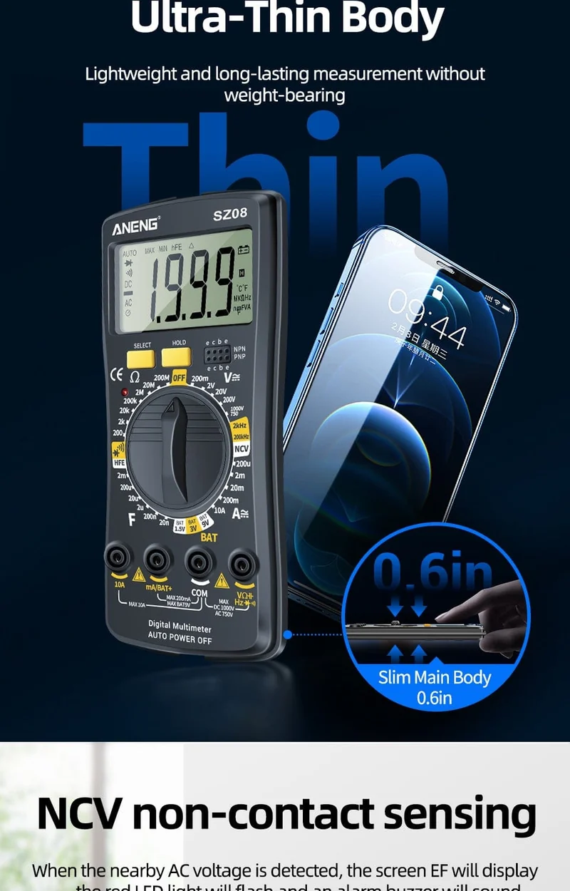 ANENG SZ08 Digital-Multimeter, ultradünn, professionelles Multimetro, Auto-Voltmeter, AC, DC, 220 V, Widerstands-Handtester