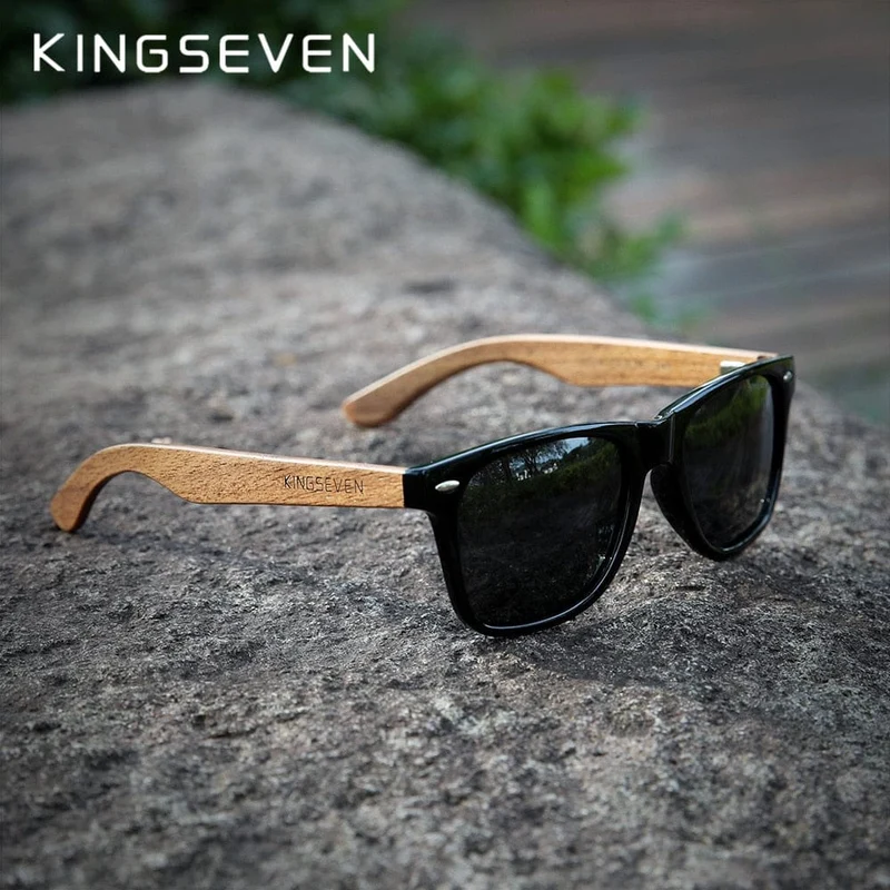 KINGSEVEN Neue Sonnenbrille aus schwarzem Walnussholz, polarisierte Sonnenbrille, Herrenbrille, handgefertigt, UV400-Schutz, Retro-Holzbox