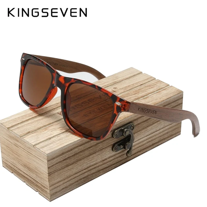 KINGSEVEN Neue Sonnenbrille aus schwarzem Walnussholz, polarisierte Sonnenbrille, Herrenbrille, handgefertigt, UV400-Schutz, Retro-Holzbox