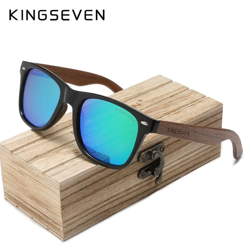KINGSEVEN Neue Sonnenbrille aus schwarzem Walnussholz, polarisierte Sonnenbrille, Herrenbrille, handgefertigt, UV400-Schutz, Retro-Holzbox