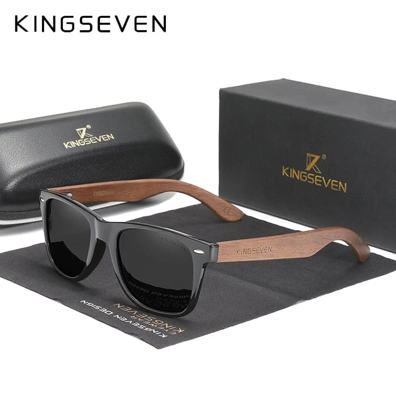 KINGSEVEN Neue Sonnenbrille aus schwarzem Walnussholz, polarisierte Sonnenbrille, Herrenbrille, handgefertigt, UV400-Schutz, Retro-Holzbox
